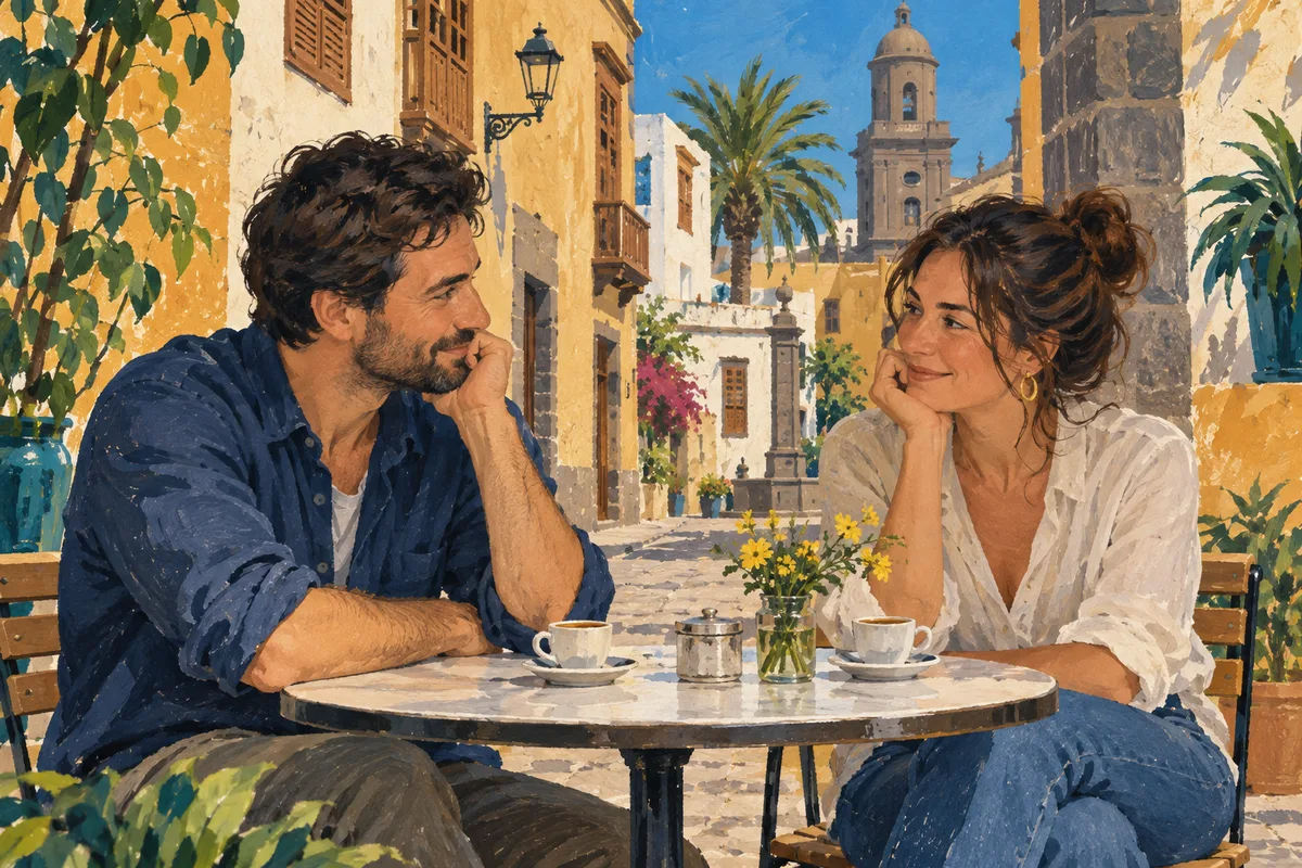 Ilustración de una conversación con café; no muestra una biblioteca real.