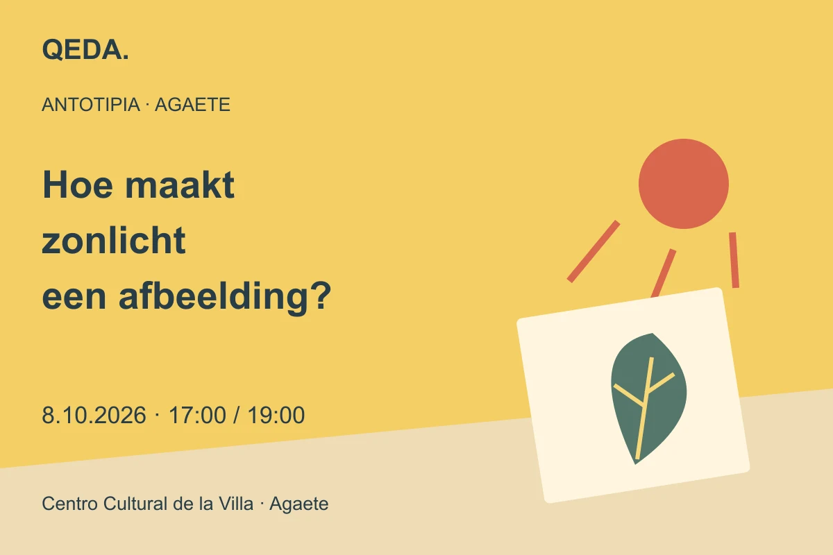 Gele illustratie van de zon, een blad en een plantenafdruk met een vraag over afbeeldingen maken met licht.