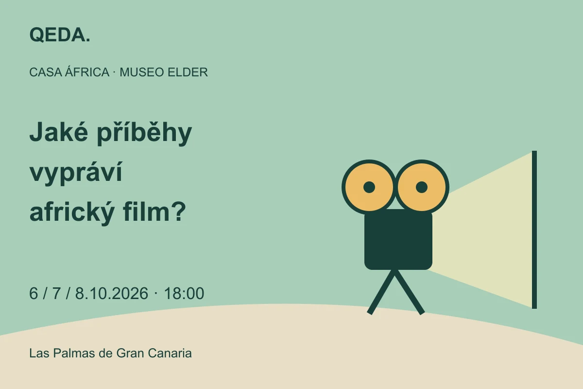 Zelená ilustrace promítačky a plátna s otázkou: Jaké příběhy vypráví africký film?