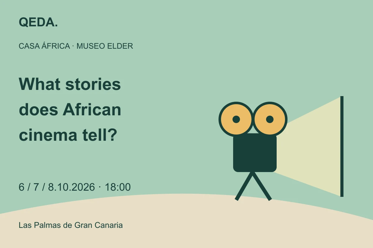Green illustration of a projector and screen asking: What stories does African cinema tell?