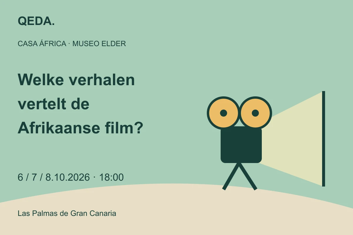 Groene illustratie van een projector en scherm met de vraag: Welke verhalen vertelt de Afrikaanse film?