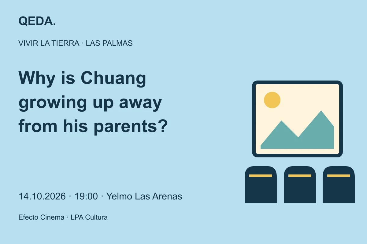 Blue illustration of a cinema screen and seats, asking why Chuang is growing up away from his parents.