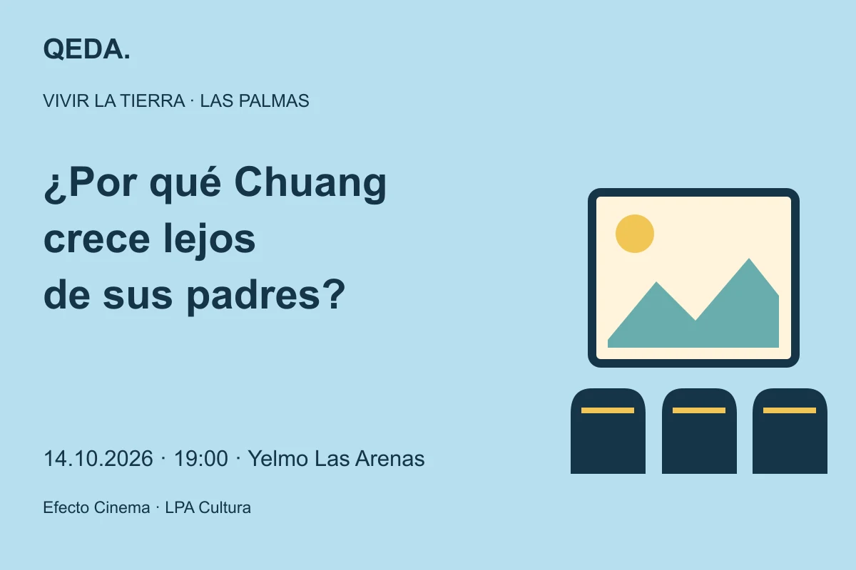 Ilustración azul de una pantalla de cine y butacas, con la pregunta: ¿Por qué Chuang crece lejos de sus padres?