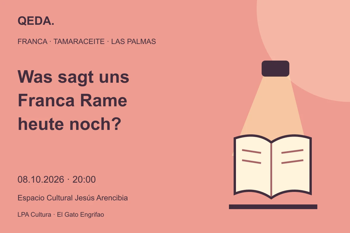 Korallfarbene Illustration eines offenen Buches im Bühnenlicht mit der Frage: Was sagt uns Franca Rame heute noch?