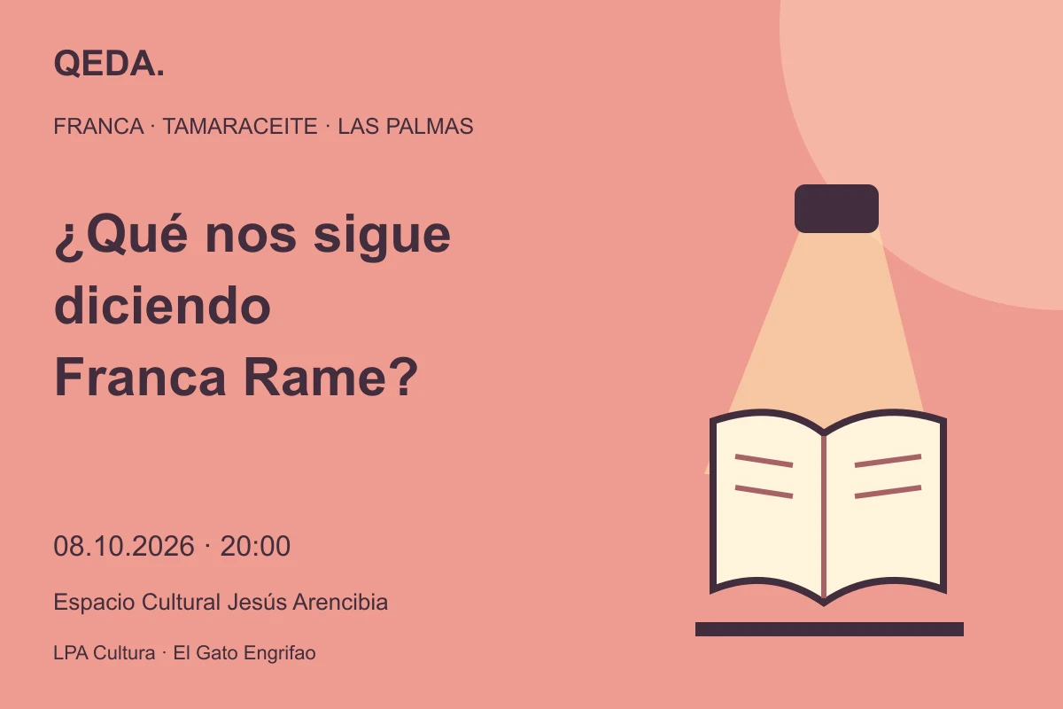 Ilustración coral de un libro abierto bajo un foco teatral, con la pregunta: ¿Qué nos sigue diciendo Franca Rame?