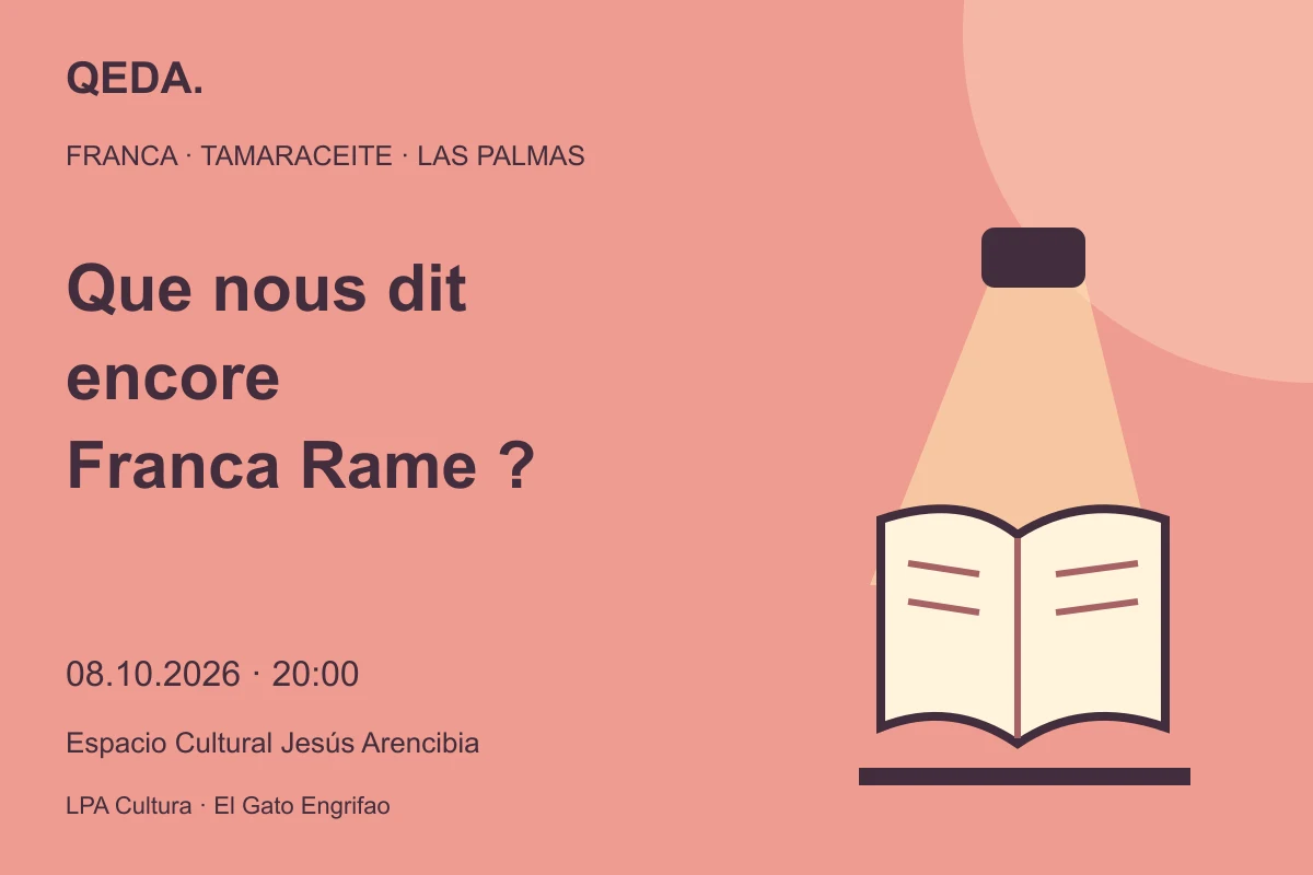 Illustration corail d’un livre ouvert sous un projecteur, avec la question : Que nous dit encore Franca Rame ?
