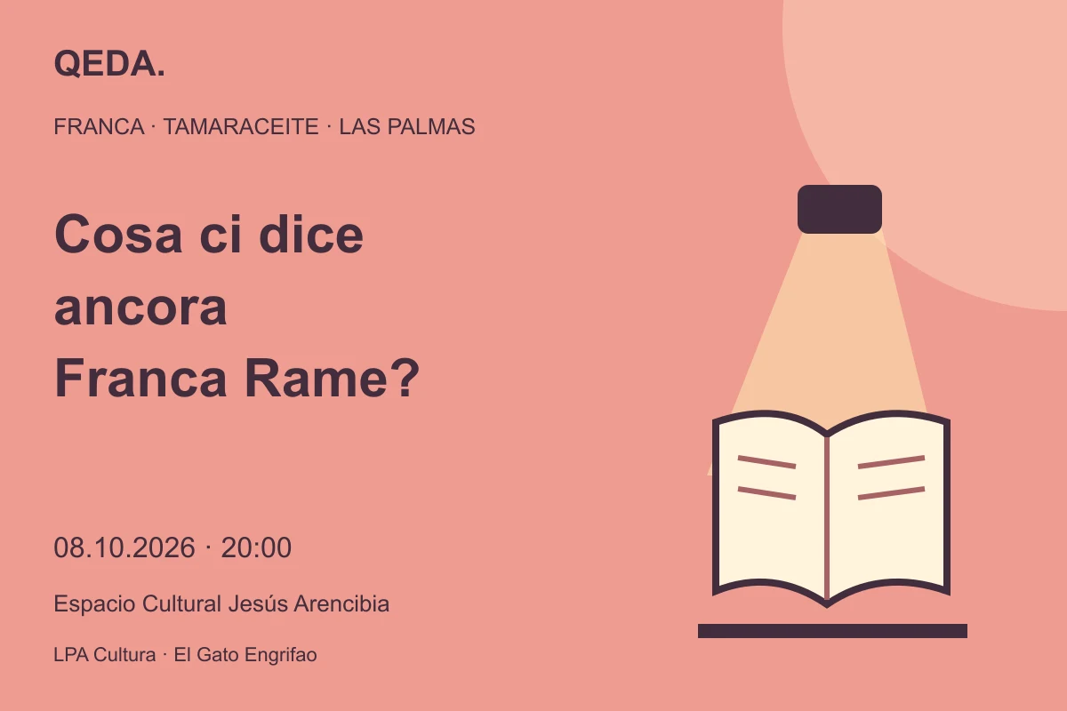 Illustrazione color corallo di un libro aperto sotto un riflettore, con la domanda: Cosa ci dice ancora Franca Rame?