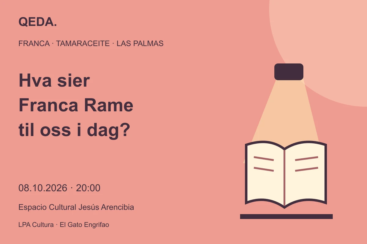 Korallfarget illustrasjon av en åpen bok i scenelys, med spørsmål om hva Franca Rame sier til oss i dag.