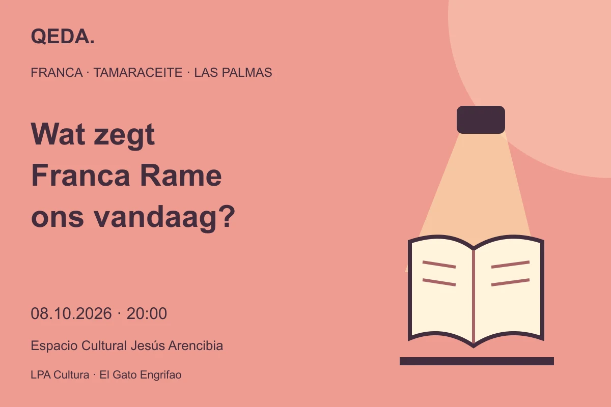 Koraalkleurige illustratie van een open boek onder een theaterlamp met de vraag wat Franca Rame ons vandaag zegt.