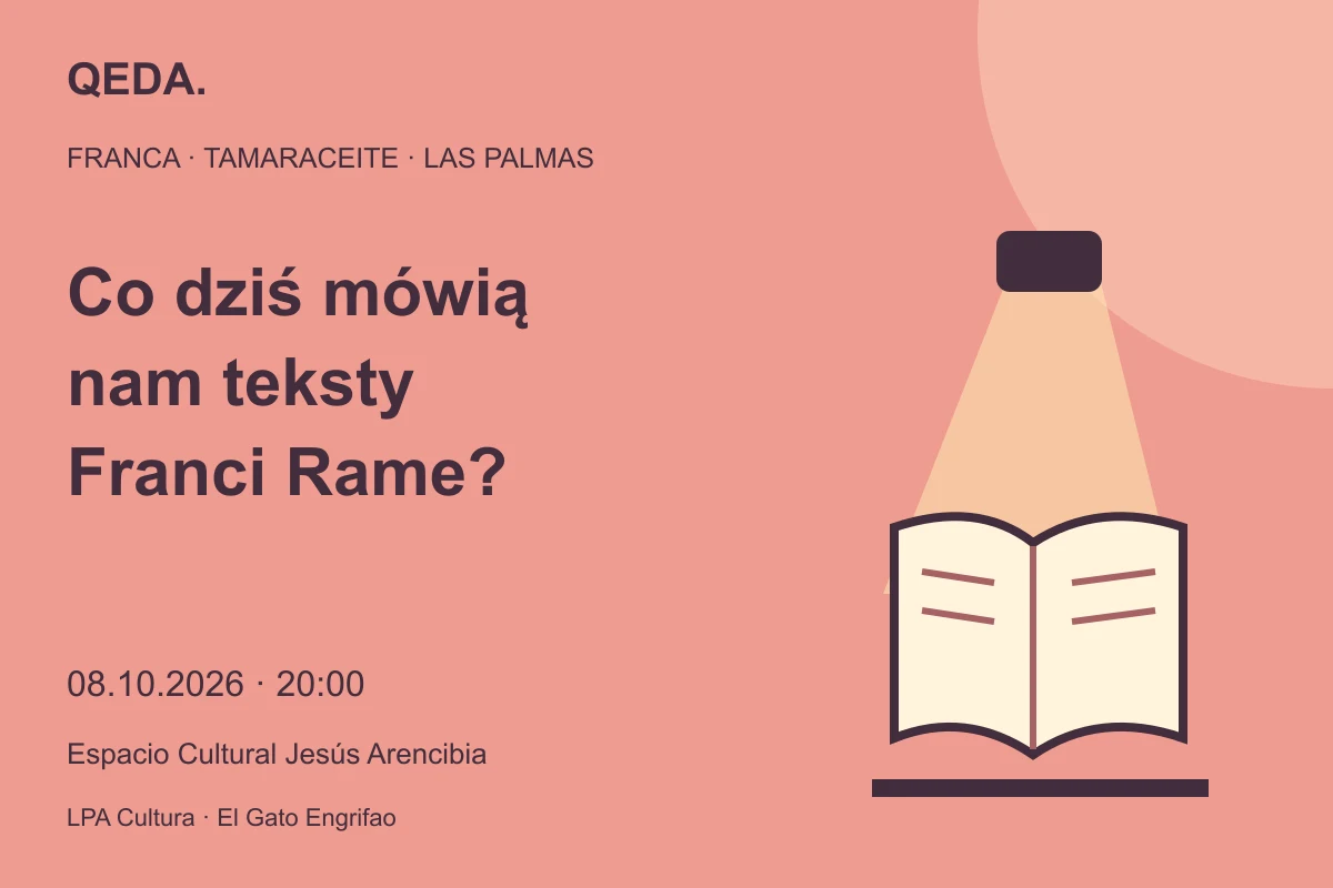 Koralowa ilustracja otwartej książki w świetle reflektora z pytaniem: Co dziś mówią nam teksty Franci Rame?