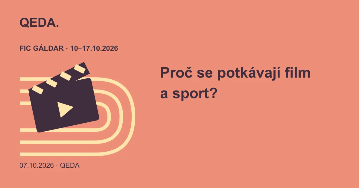 Korálová ilustrace filmové klapky nad běžeckou dráhou s otázkou o propojení filmu a sportu.