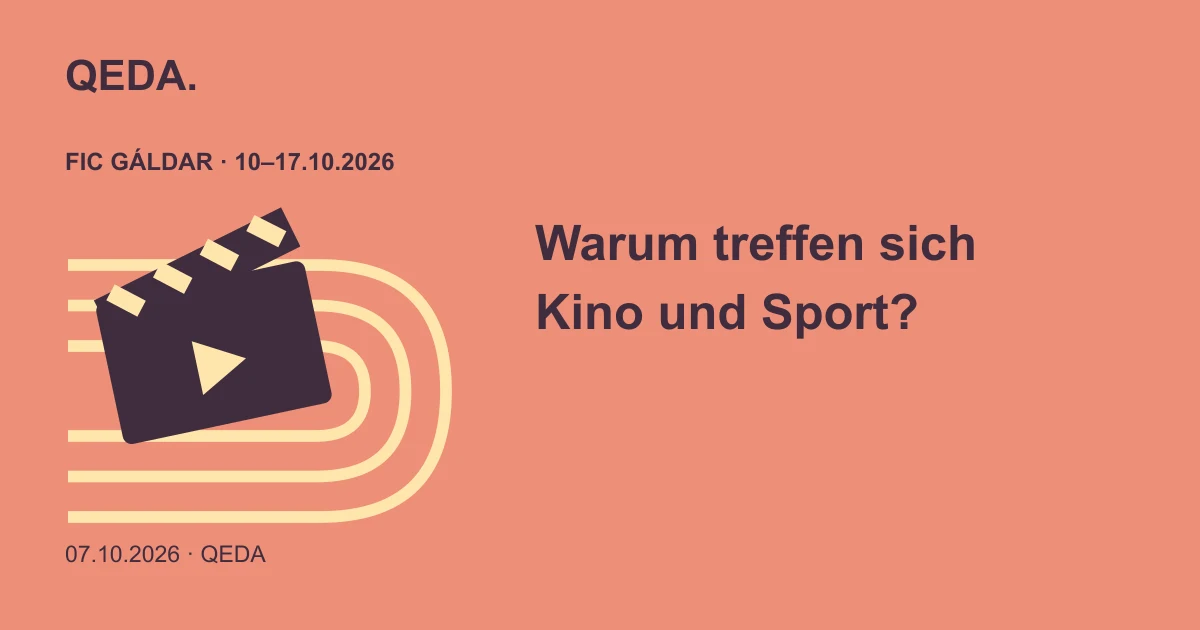 Korallfarbene Illustration einer Filmklappe über einer Laufbahn mit einer Frage zu Kino und Sport.