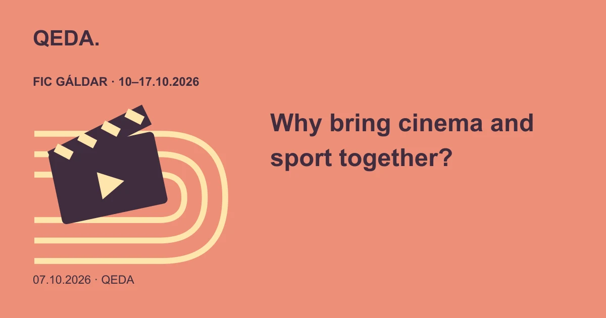 Coral illustration of a clapperboard over a running track, asking why cinema and sport come together.