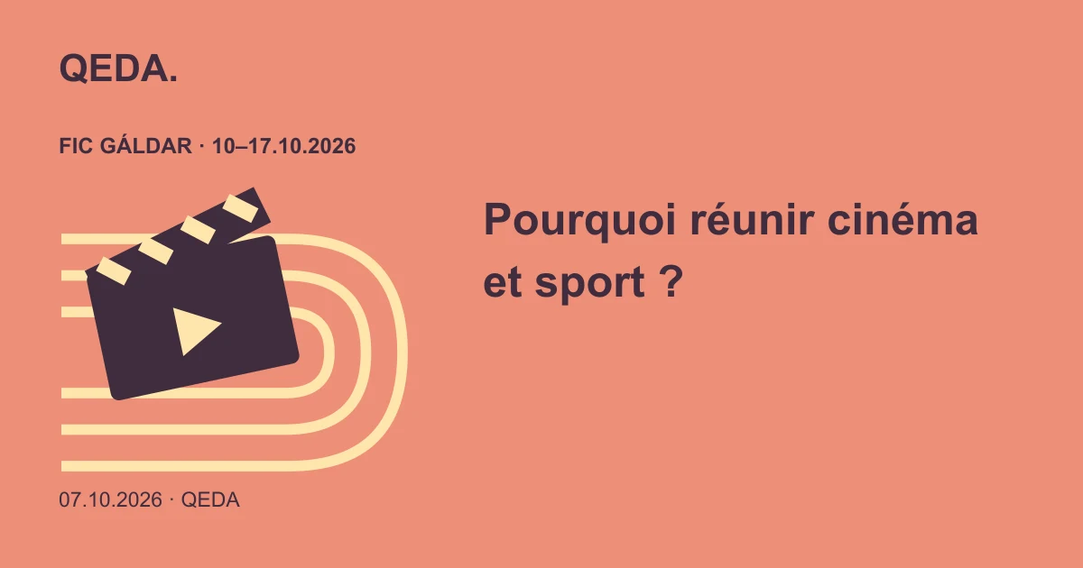 Illustration corail d’un clap sur une piste d’athlétisme, avec une question sur le cinéma et le sport.