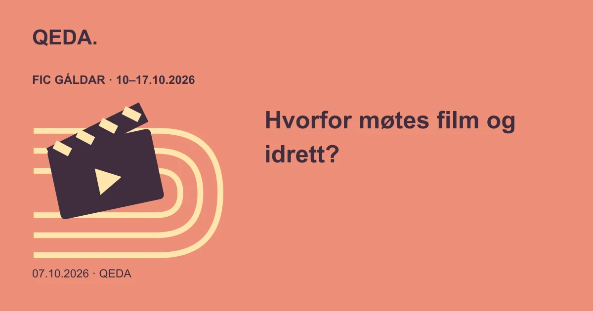 Korallfarget illustrasjon av en filmklapper over en løpebane med et spørsmål om film og idrett.