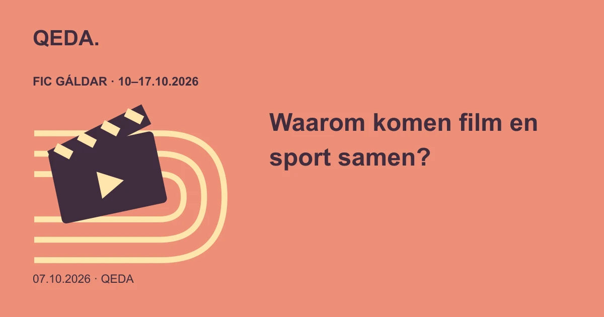 Koraalkleurige illustratie van een filmklapper boven een atletiekbaan, met een vraag over film en sport.
