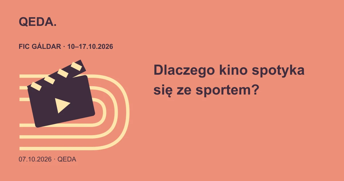 Koralowa ilustracja klapsa filmowego na tle bieżni z pytaniem o połączenie kina i sportu.