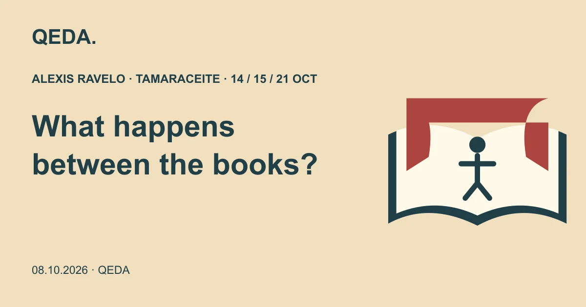 Sand-coloured illustration of an open book forming a small stage, asking what happens between the books.