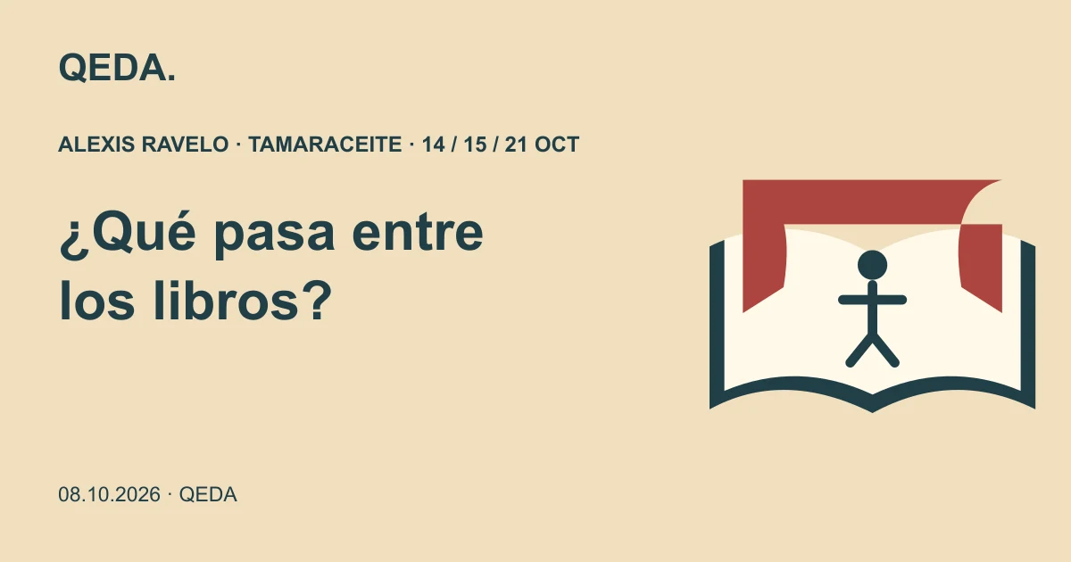 Ilustración de un libro abierto convertido en pequeño escenario, sobre fondo arena, con la pregunta: ¿Qué pasa entre los libros?