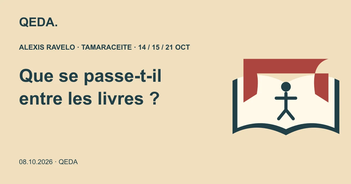 Illustration couleur sable d’un livre ouvert formant une petite scène, avec une question sur ce qui se passe entre les livres.