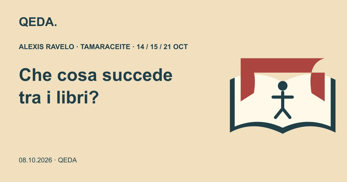 Illustrazione color sabbia di un libro aperto trasformato in un piccolo palco, con una domanda su cosa succede tra i libri.