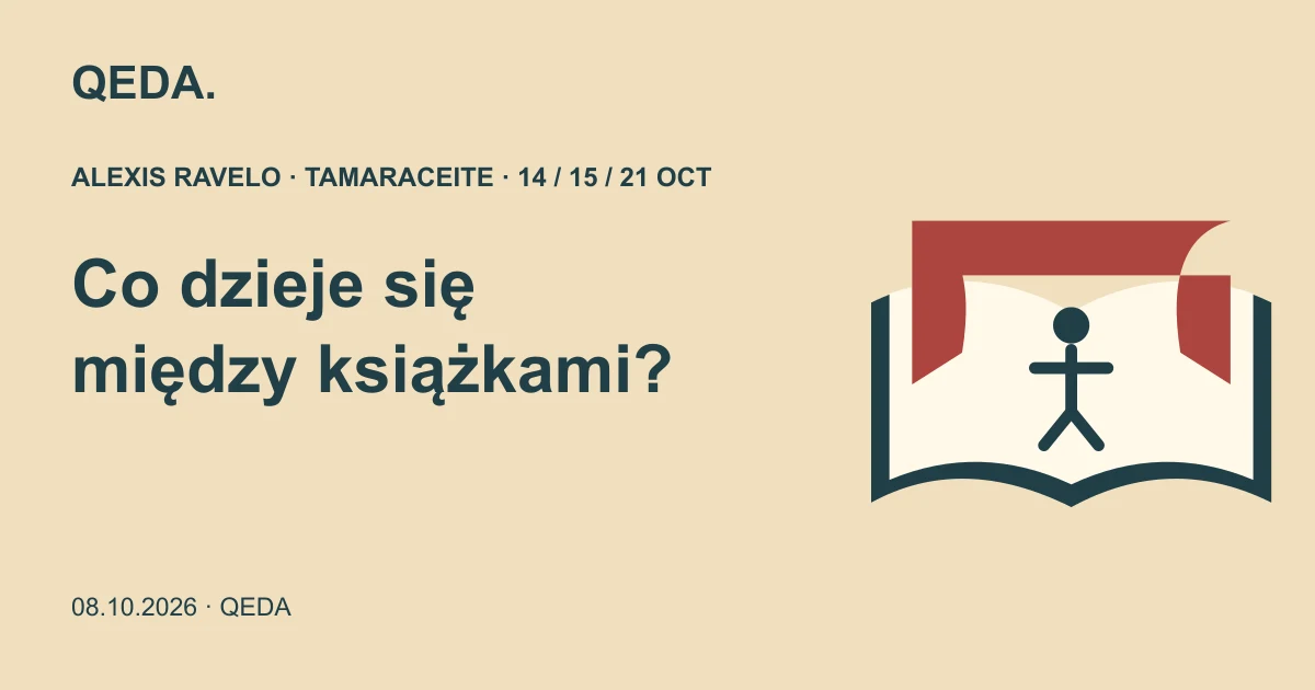 Piaskowa ilustracja otwartej książki zamienionej w małą scenę z pytaniem: Co dzieje się między książkami?