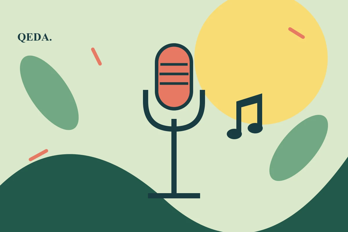 Illustration of a microphone among leaves and musical notes.