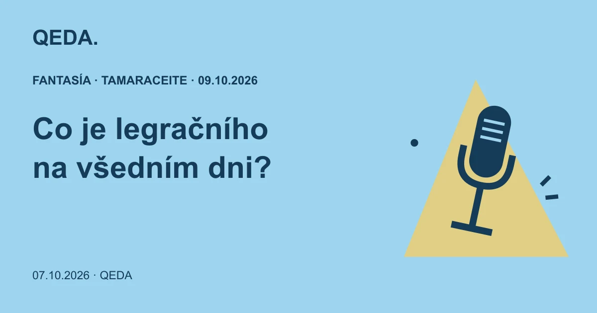 Modrá ilustrace mikrofonu ve světle reflektoru s otázkou o humoru ve všedním dni.