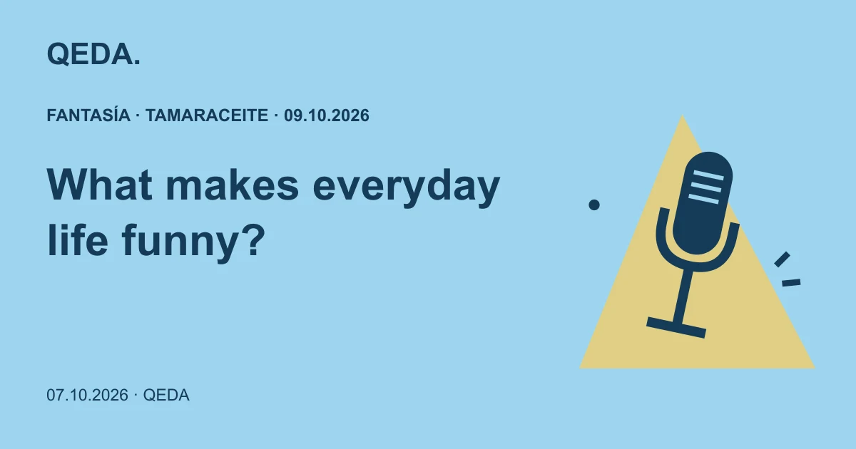 Blue illustration of a microphone in a spotlight, asking what makes everyday life funny.