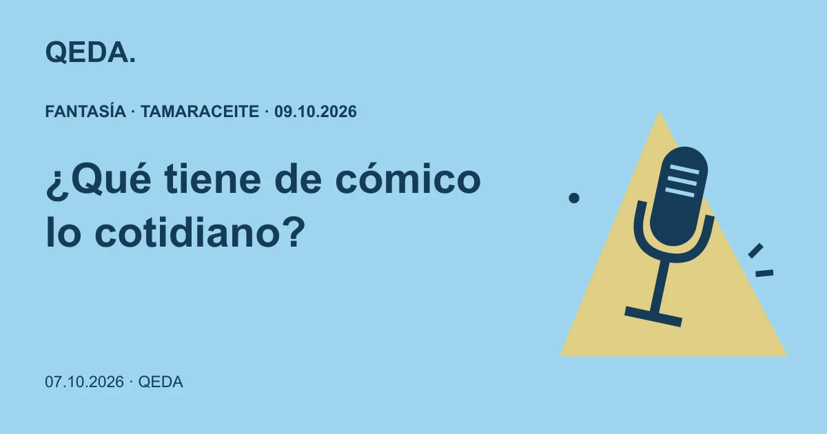Ilustración azul de un micrófono bajo un foco con la pregunta: ¿Qué tiene de cómico lo cotidiano?
