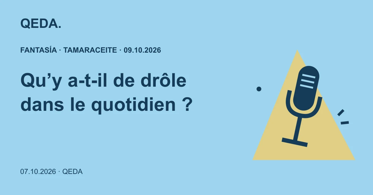 Illustration bleue d’un microphone sous un projecteur, avec une question sur l’humour du quotidien.