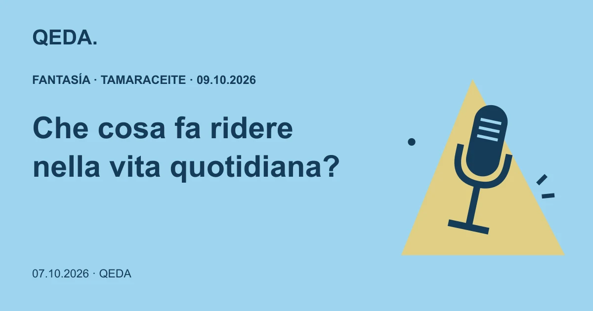 Illustrazione blu di un microfono sotto un riflettore con una domanda sull’umorismo nella vita quotidiana.