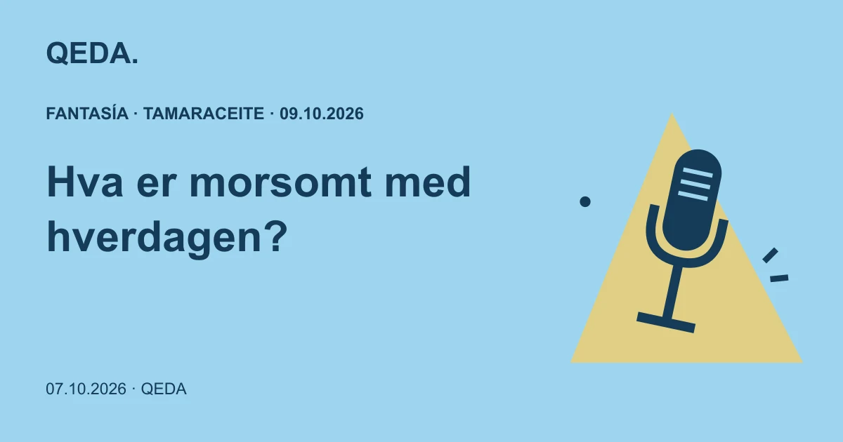 Blå illustrasjon av en mikrofon i scenelys med et spørsmål om humor i hverdagen.