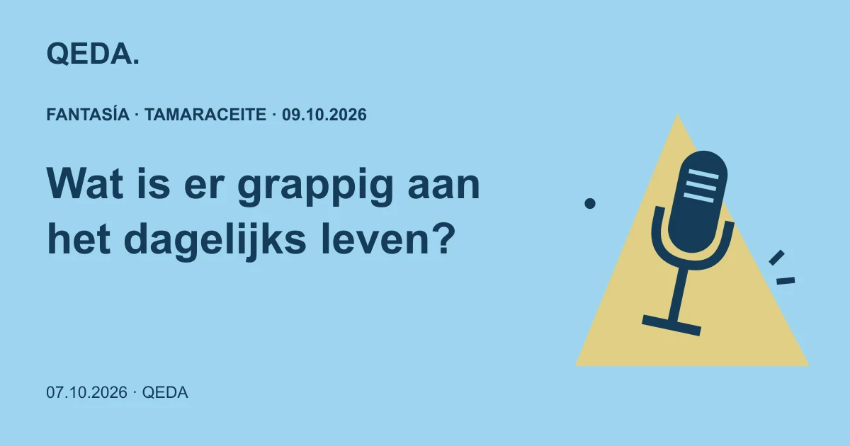 Blauwe illustratie van een microfoon in een spotlicht met een vraag over humor in het dagelijks leven.