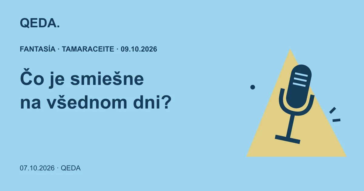 Modrá ilustrácia mikrofónu vo svetle reflektora s otázkou o humore vo všednom dni.