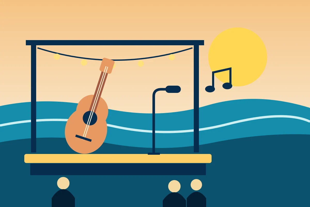Illustration éditoriale d’une scène en bord de mer, avec une guitare et des notes de musique.