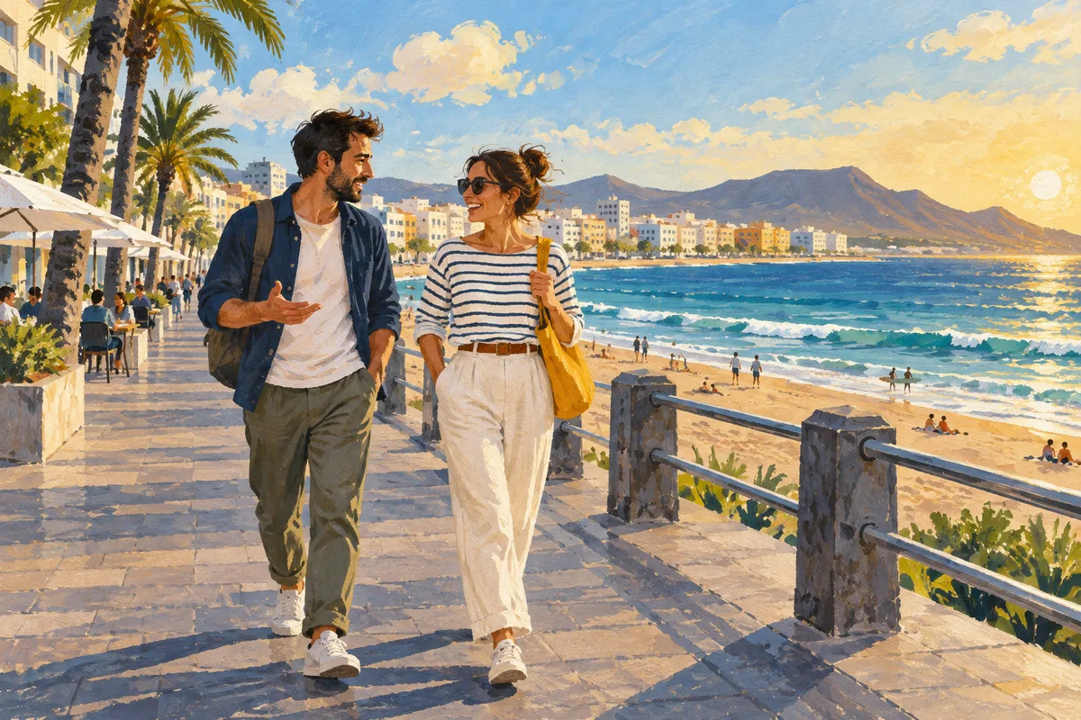 Dos personas salen a caminar junto al Atlántico, en una escena ilustrada.
