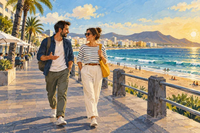 Ilustración de dos personas paseando junto al mar en un paseo canario.
